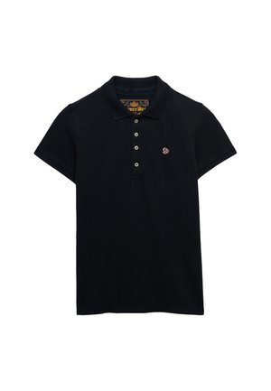 Zwart poloshirt met korte mouwen, vier knopen en een klein geborduurd roze logo op de linkerborst.