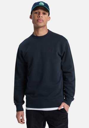 Dunkelblaues Sweatshirt aus einem gebürsteten Baumwollmix, mit Rundhalsausschnitt, gerippten Bündchen und einem kleinen, auf der Brust gestickten Logo.