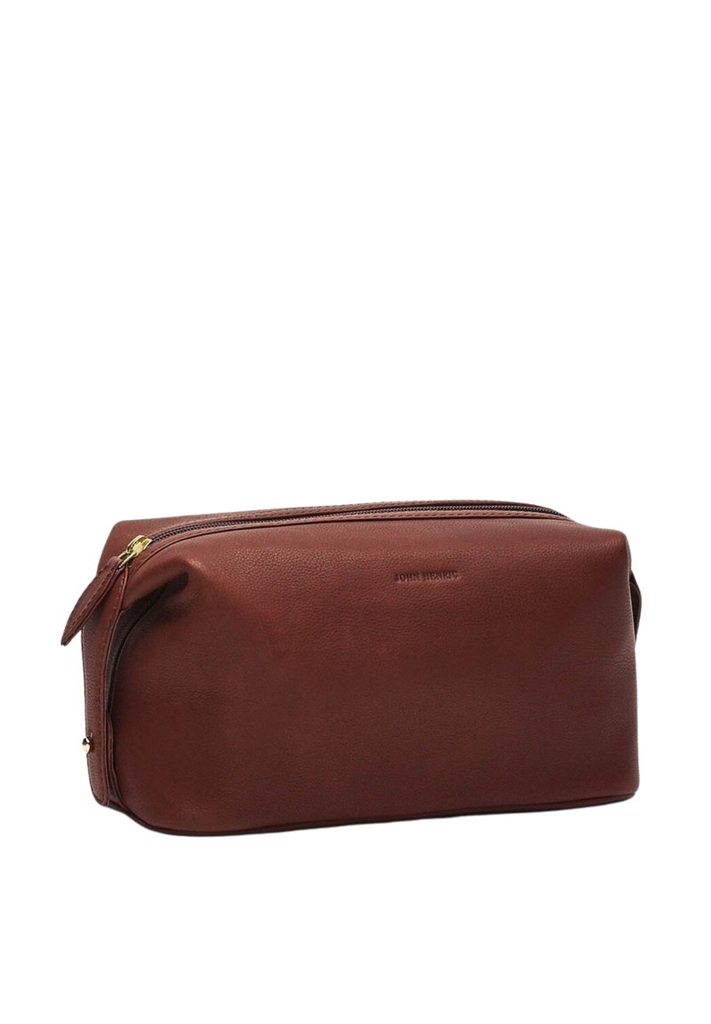 Brown leather toiletry bag with a smooth texture, rectangular shape, top zipper closure, and subtle embossed branding on the front.