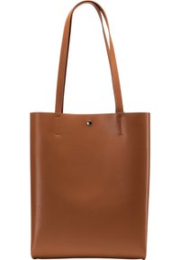 Borsa tote in pelle marrone con due manici lunghi, texture liscia, forma rettangolare e dettaglio di chiusura metallica a scatto nella parte superiore.