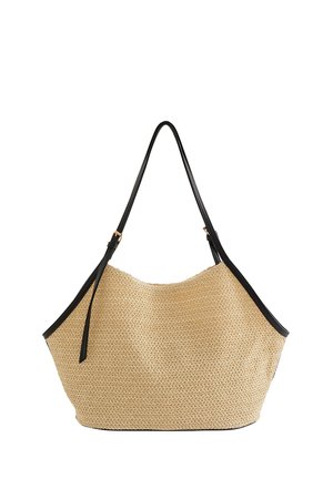 Grande borsa a tracolla intrecciata in paglia con rifiniture in pelle nera e tracolle regolabili, mostrata su sfondo bianco.