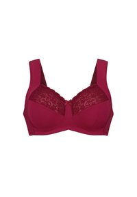 Soutien-gorge bordeaux avec des détails en dentelle sur les bonnets, larges bretelles, tissu lisse et un petit nœud en accent au centre. Design à couverture totale.
