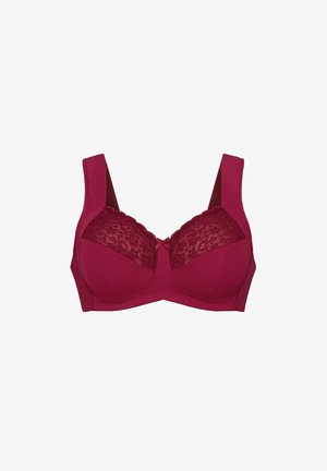 Bordeaux beha met kantdetails op de cups, brede bandjes, zachte stof en een klein strikje in het midden. Volledige dekking ontwerp.