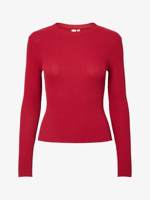 Punainen ribattu pitkähiha toppi, jossa on pyöreä pääntie ja tiukka muotoilu. Ominaisuuksina sileä pinta ja tasaiset pystysuorat viivat.