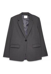 Blazer grigio con tessuto liscio, revers a punta, chiusura con un solo bottone e due tasche frontali. L'interno presenta una fodera in satin di contrasto.