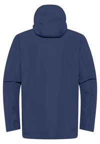 Giacca leggera color blu navy con cappuccio, texture liscia, maniche lunghe e orlo dritto. Senza loghi o motivi visibili.