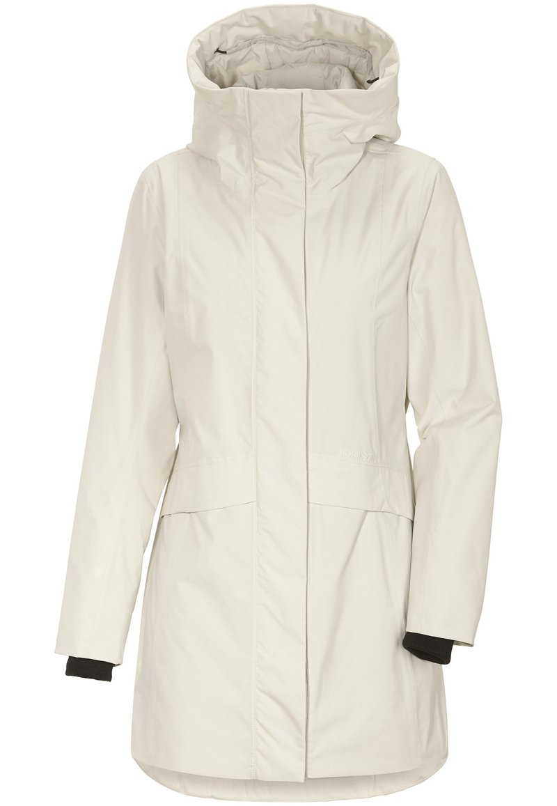 Veste imperméable légère de couleur crème avec col montant, fermeture éclair et poignets élastiques. Présente une coupe droite et deux poches avant.