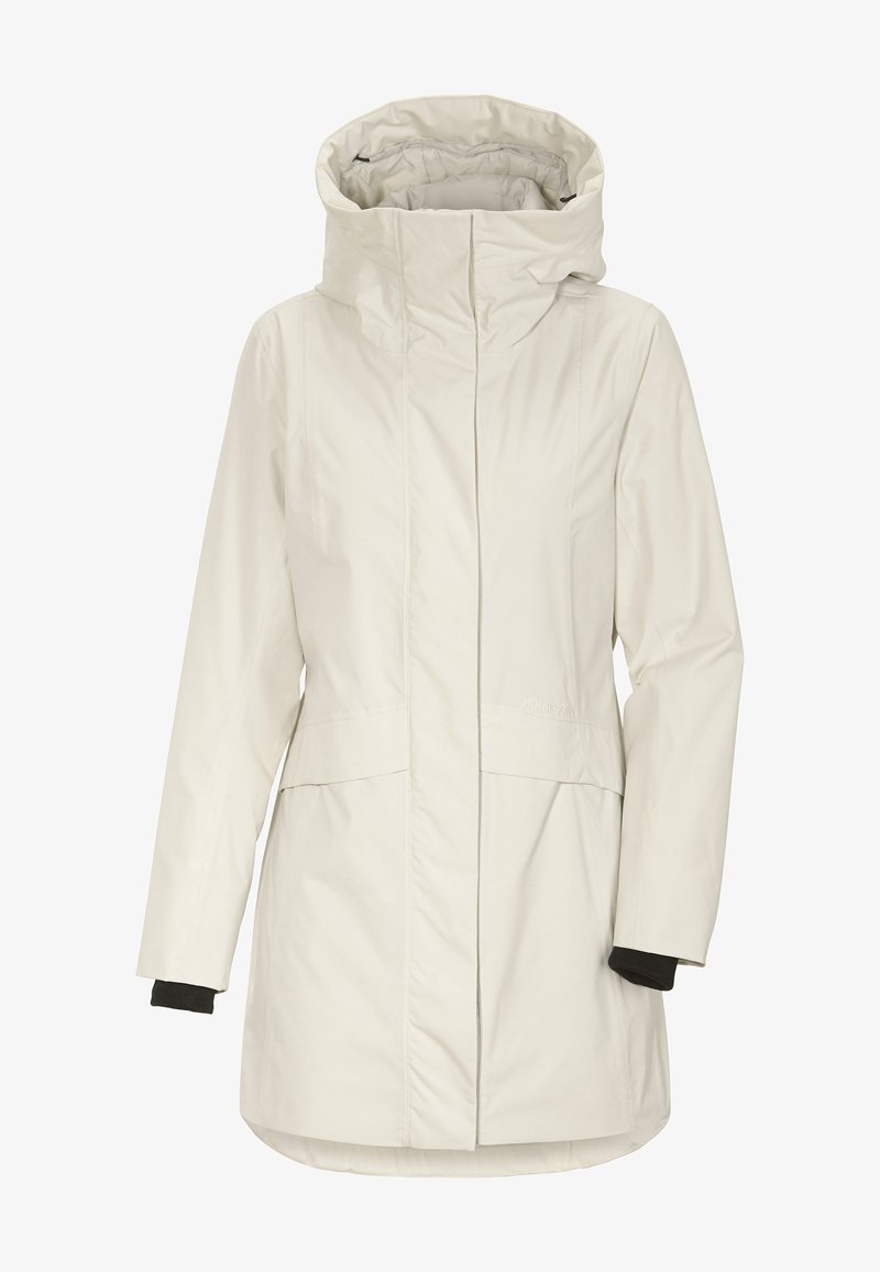 Veste imperméable légère de couleur crème avec col montant, fermeture éclair et poignets élastiques. Présente une coupe droite et deux poches avant.