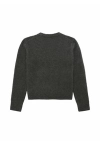 Dunkelgrauer Strickpullover mit Rundhalsausschnitt, langen Ärmeln und gerippten Bündchen. Weiche Textur und schlichtes Design ohne sichtbare Muster.