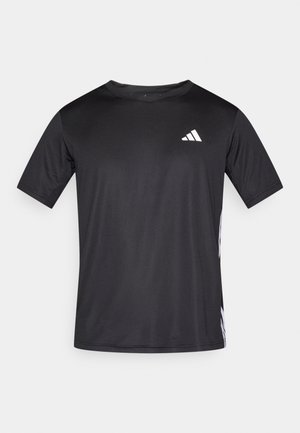 Black short-sleeve athletic shirt made of breathable fabric, featuring white Adidas logo on the chest and contrasting side accents.