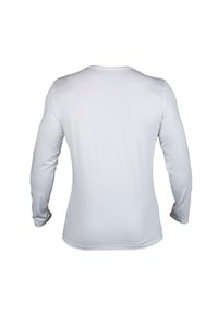 Biała koszula z długim rękawem wykonana z gładkiego materiału, z okrągłym dekoltem i dopasowanymi rękawami, z minimalistycznym wzorem z tyłu.