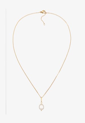 Złoty naszyjnik z łańcuchem, ozdobiony małym, owalnym białym perłą, z delikatnym zapięciem i regulowaną długością, aby dopasować go do indywidualnych potrzeb.