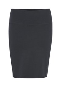 Jupe crayon noire longueur genou avec taille haute et détail de couture simple sur le devant.