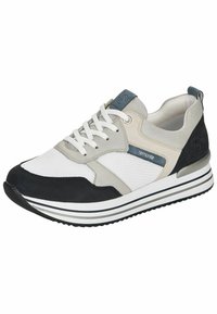 Sneakers i vitt mesh och grå läder. Svart tåhuvud och häl. Vita skosnören, randig sula och subtil märkesdetalj på sidan.