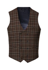 Brązowa kamizelka w kratę wykonana z teksturowanego materiału, z czterema guzikami, klapami oraz niebieską podszewką w kropki. Dwie przednie kieszenie.