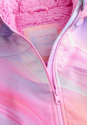 Rózsaszín dzseki sima, gradiens mintával, rózsaszín és lila árnyalatokkal. Puha, bolyhos anyaggal bélelve. Cipzáras elől.