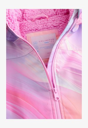 Rózsaszín dzseki sima, gradiens mintával, rózsaszín és lila árnyalatokkal. Puha, bolyhos anyaggal bélelve. Cipzáras elől.