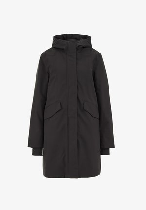 Parka negra con capucha, dos bolsillos frontales y un diseño de corte recto. Fabricada con un tejido resistente al agua y de textura suave.