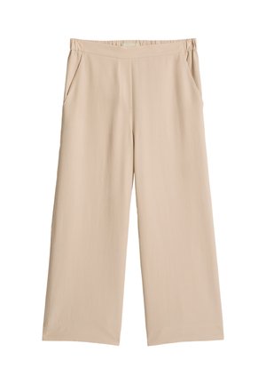 Beige wijde broek met elastische tailleband en zijzakken, gemaakt van soepel, lichtgewicht stof.