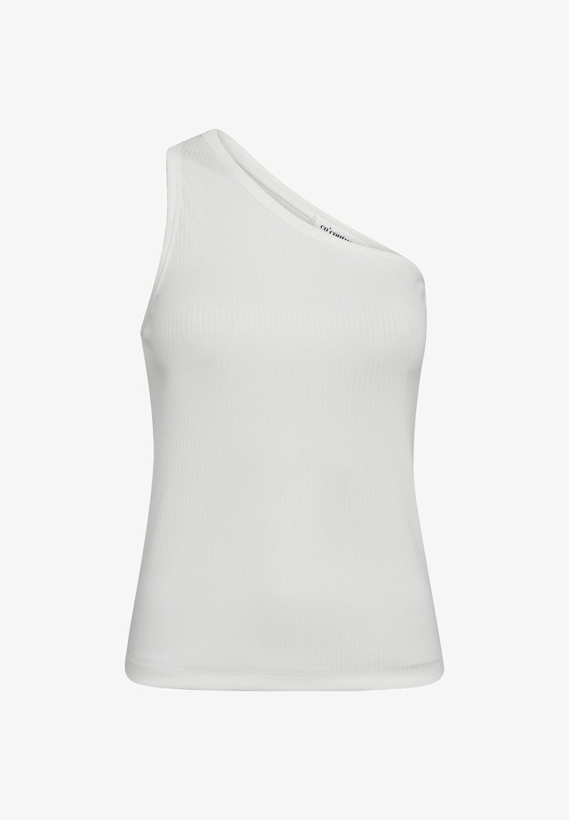 Vit asymmetrisk ärmlös topp i ribbat tyg, med en figurnära design och en jämn yta. Saknar ytterligare mönster eller detaljer.