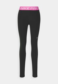 Nike Pro black leggings with a pink elastic waistband featuring "NIKE PRO" text. Smooth texture and fitted design, accented by a small logo.