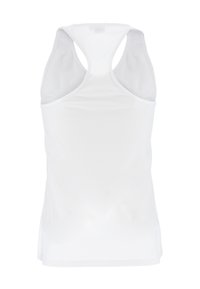 Weißes Sporttanktop mit Racerback-Design, hergestellt aus einem leichten, glatten Stoff mit einer einfarbigen Textur und ohne sichtbare Muster.