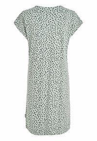 Kortärmad klänning i ljusgrön tyg, med ett mönster av svarta prickar över hela, avslappnad passform och rundad nacke bak.