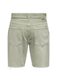 Light green denim shorts with a frayed hem, featuring two back pockets and stitched detailing, designed with a classic fit.