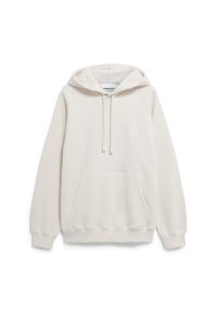 Felpa color crema realizzata in morbido tessuto, con tasca frontale, cappuccio con cordino e un discreto logo sul petto.