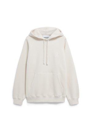 Hoodie de couleur crème en tissu doux, avec une poche frontale, une capuche avec cordon de serrage et un discret logo sur la poitrine.