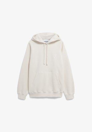 Crème kleurige hoodie gemaakt van zachte stof, met een voorzak, koord in de capuchon en een subtiele logo-details op de borst.