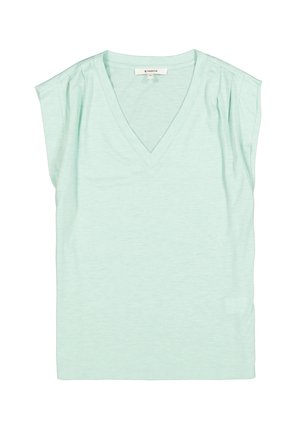 Light mint green V-neck t-shirt with short sleeves, made of soft fabric. Features a relaxed fit and subtle texture. No patterns or embellishments.