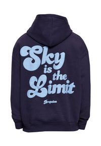 Sweat à capuche bleu marine avec un grand texte bleu clair au dos indiquant "Le ciel est la limite" et un petit logo "Dropsize" en dessous.