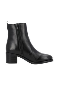 Botín negro de cuero hasta el tobillo con cremallera lateral, punta redonda y tacón cuadrado apilado. Textura suave con un brillo sutil y detalles de costura.