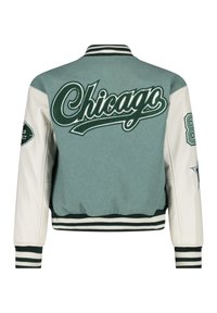 Green and white varsity jacket with "Chicago" stitched in large font on the back, featuring ribbed cuffs and hem, and side stripes.