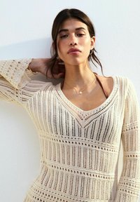 New Look POINTELLE LONG SLEEVE KAFTAN MINI - Stickad klänning - cream