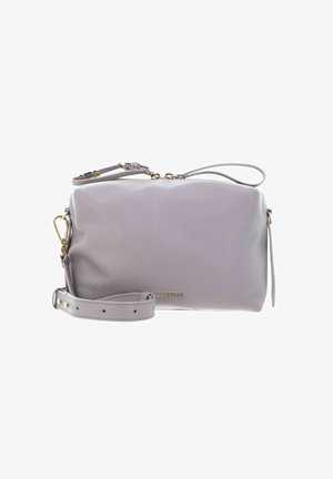 Sac bandoulière en cuir gris clair avec sangle réglable, ferrures dorées, fermeture éclair et petit logo de la marque à l'avant.