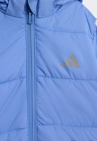 Svietlomodrá prešívaná bunda s centrálnym zipsom, kapucňou a strieborným logom so tromi pruhmi na ľavej strane. Štruktúrovaná a prešívaná tkanina.