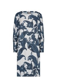Modrá a bílá květinová šatová s dlouhými rukávy, kulatým výstřihem a jemnou tkaninou. Vyznačuje se splývavým designem a nabíranými rukávovými akcenty.