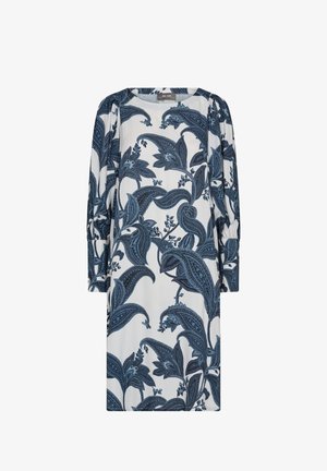 Blue and white floral patterned dress with long sleeves, round neckline, and soft fabric. Features flowing design and gathered sleeve accents.