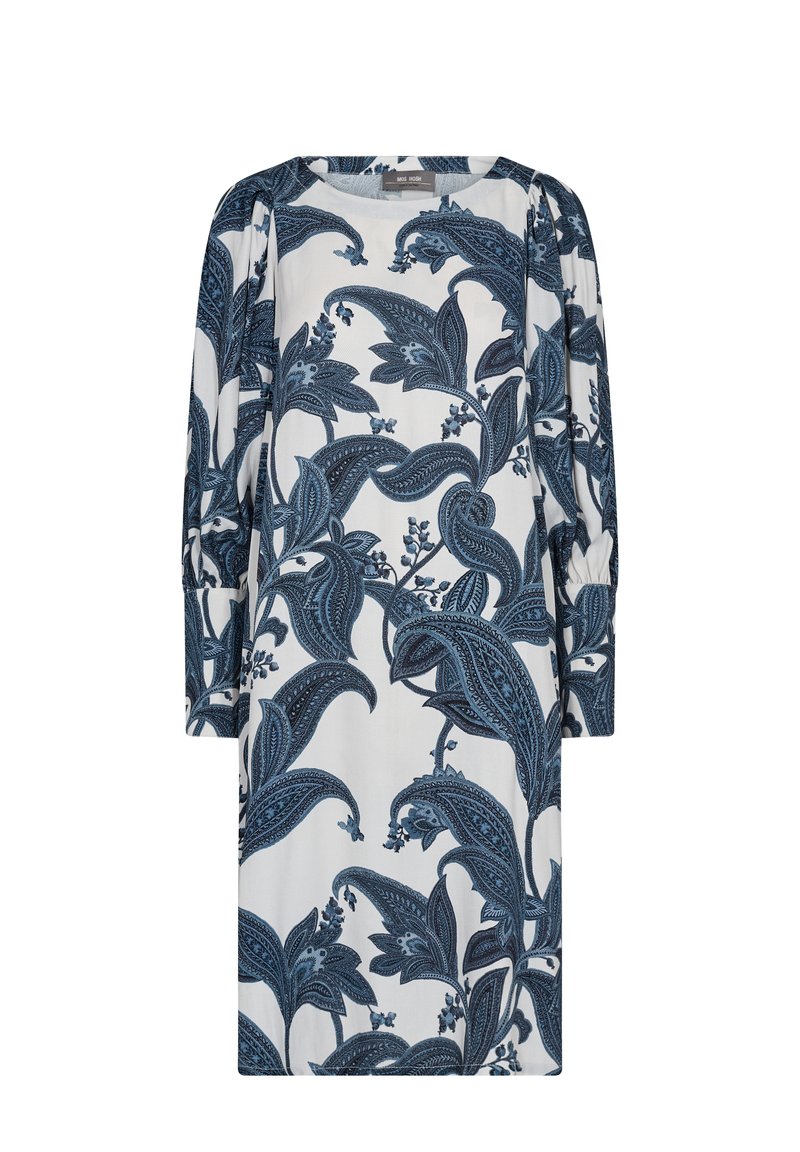 Modrá a bílá květinová šatová s dlouhými rukávy, kulatým výstřihem a jemnou tkaninou. Vyznačuje se splývavým designem a nabíranými rukávovými akcenty.