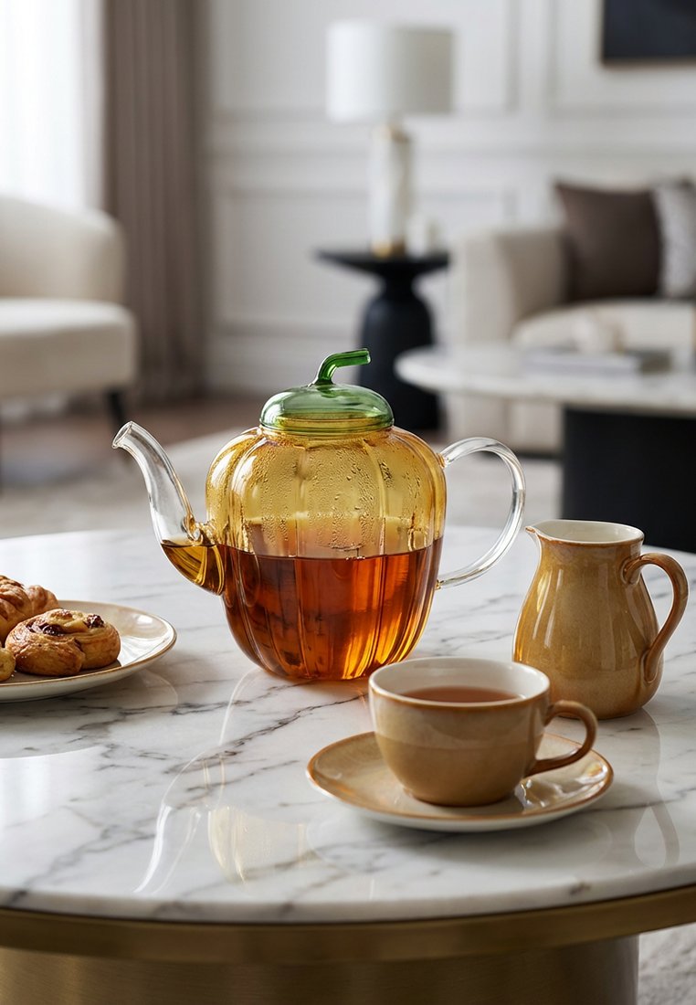 Szklany dzbanek do herbaty w kształcie dyni z bursztynową herbatą, beżowa filiżanka i spodek, mały dzbanek oraz talerz z ciastkami na marmurowym stole w salonie.
