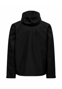 Giacca impermeabile nera con cappuccio, caratterizzata da maniche lunghe, taglio dritto e design minimalista senza loghi o motivi visibili.