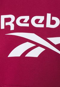 Bordeaux sweatshirt med stor vit "Reebok"-text och logotyp. Mjuk tyg med en slät yta. Designen fokuserar på varumärkesinslag.