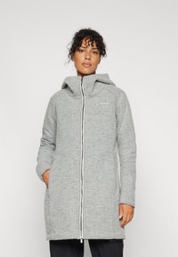 Heather gray long coat with a hood, zip closure, and side pockets. Features textured fabric and a small logo on the upper chest.