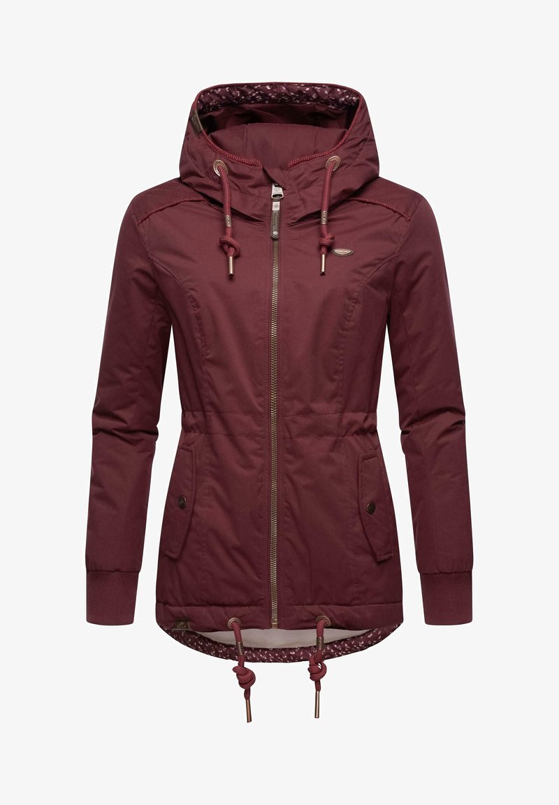 Maroon jacket featuring a zip front, elastic cuffs, drawstring hood, and hem. Includes two side pockets and patterned lining.