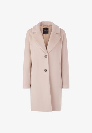 Light pink wool-blend coat featuring a notched collar, two front buttons, straight silhouette, and side pockets. Smooth texture.