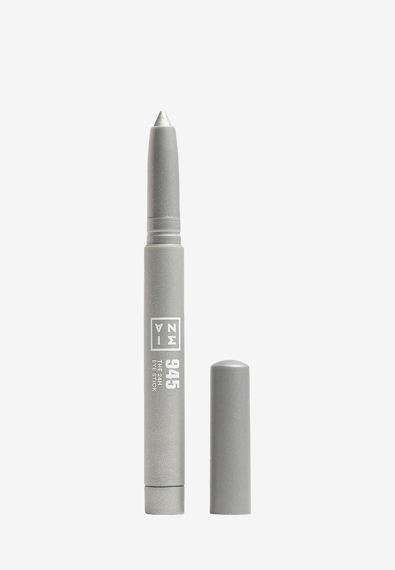 Srebrny składany eyeliner z ostrym zakończeniem i zdjętą nasadką obok, na prostym białym tle.