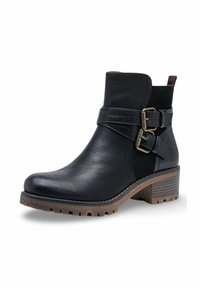 Bottines en cuir noir avec deux sangles texturées et boucles en laiton, talon empilé brun et semelle crantée.
