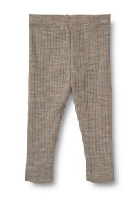 Ribbestrikkede leggings i en dæmpet tan-farve, der har en blød tekstur og et elastisk taljebånd for komfort. Enkel design uden dekorationer.